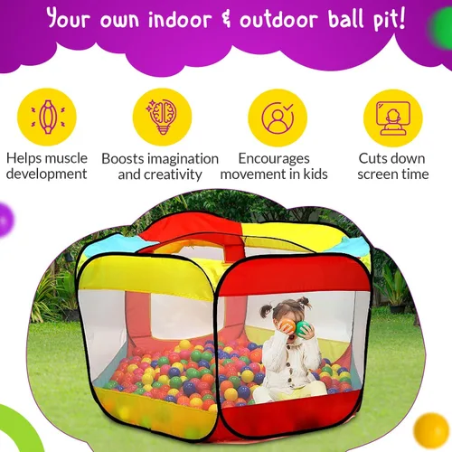 Miniatura 4 de Tienda de campaña para niños con 100 bolas – Pozo de bolas desplegable extragrande de 56 x 50 pulgadas – Casa de juegos para interiores y exteriores
