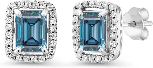 Miniatura 67 de Gem Stone King Aretes de plata de ley 925 con piedra natal Corte esmeralda de 0.315 x 0.236 in Aretes de halo para mujer