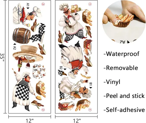 Miniatura 2 de Mfault Calcomanías de pared de chefs gordos italianos, divertidas decoraciones de cocina para panadero, cocina, arte, hogar, comedor, restaurante