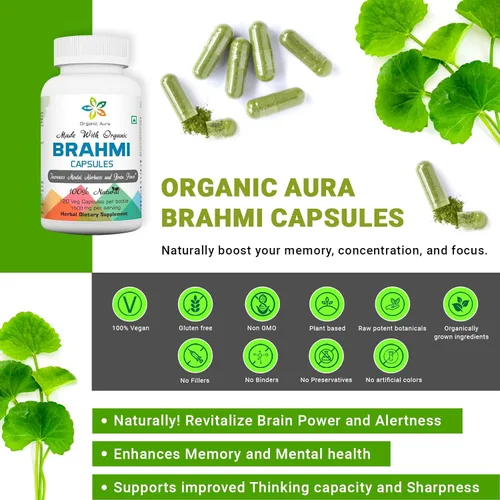 Miniatura 9 de Organic Aura Cápsulas Brahmi -120 unidades. Fortalece y aumenta naturalmente la inmunidad y la memoria. Superalimento verde entero. Sin OMG, sin