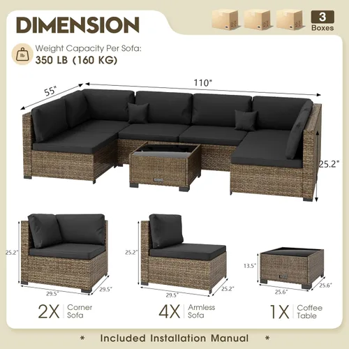 Miniatura 6 de LHBcraft Juego de muebles de patio de 7 piezas, seccionales para exteriores, tejido manual para todo tipo de clima, sofá seccional de mimbre de Ye-bk