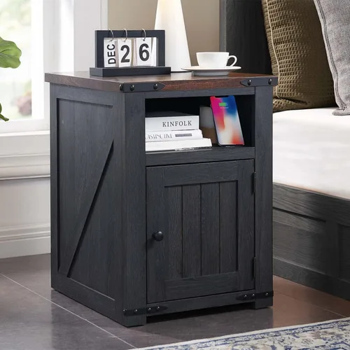 Miniatura 11 de IFGET - Mesita de noche con estación de carga, mesa auxiliar de 20" estilo granja con puerta de granero, mesa de sofá rústica de madera para cama