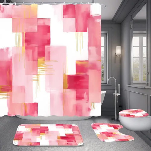 Miniatura 5 de Yddsky 4 Pcs Pink and Gold Geometric Shower Curtain Sets Non-Slip Bath Rugs, Bathroom Accessories,Bathroom Sets with Shower Curtain and Rugs, Pink