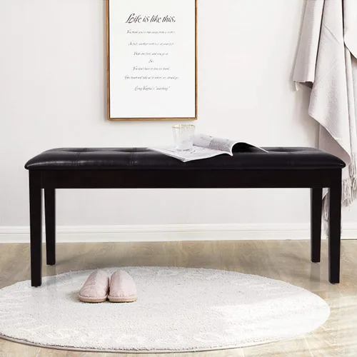 Miniatura 9 de Asiento de comedor tapizado con piel sintética, banco otomano con botones y patas de madera de goma, banco de extremo de cama para dormitorio, banco