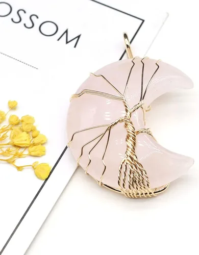 Miniatura 8 de 4 colgantes de piedra natural, forma de luna, chakra, cristal, ágata, alambre de piedra, tejer, diseño de árbol de la vida para hacer joyas