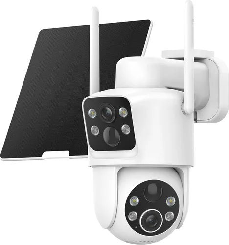 TKENPRO Cámaras de seguridad solar de doble lente inalámbricas para exteriores, video Full HD 2K, visión de 360° Pan/Tilt Cámara de seguridad para