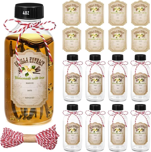 Uiifan 8 botellas de extracto de vainilla de 4 onzas Boston redondas con tapas, botella de vidrio y 8 etiquetas de extracto de vainilla para regalo