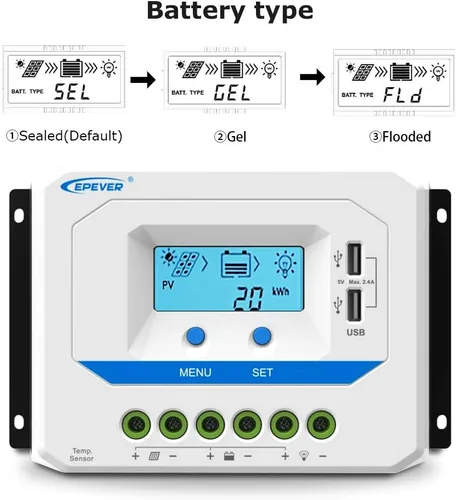Miniatura 3 de EPEVER Controlador de carga solar de 10 A, regulador de carga de panel solar PWM de trabajo automático de 12 V/24 V, con pantalla LCD y potente