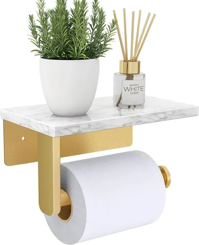 Miniatura 12 de Soporte de papel higiénico de Gypie de mármol con estante, 304 de acero inoxidable con tornillos montado en la pared, soporte para rollo de papel