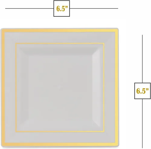 Miniatura 3 de BloominGoods Platos cuadrados desechables de plástico para postre, paquete de 50 platos cuadrados de 6.5 pulgadas, color blanco con borde dorado