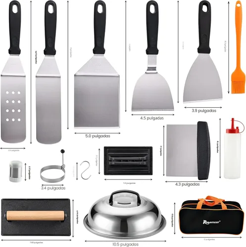 Miniatura 2 de ROMANTICIST - Juego de 29 piezas de accesorios para parrilla - Juego de espátulas Teppanyaki de parte superior plana con raspador, cubierta