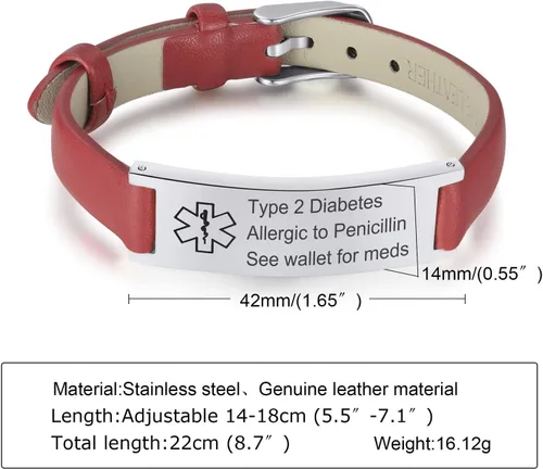Miniatura 7 de MPRAINBOW Pulsera de alerta médica personalizada para mujer, correa de reloj de cuero genuino, grabado de doble cara, diabetes, epilepsia, joyería