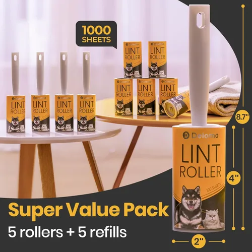 Miniatura 5 de DELOMO Rodillo de pelusa de 1,000 hojas (5 rodillos + 5 repuestos) – Rodillos de pelusa para pelo de mascotas extra pegajoso, herramienta
