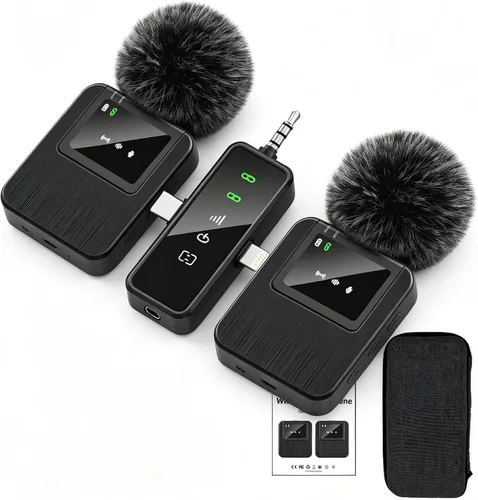 BAILIXIN Mini micrófono compacto 3 en 1 para iPhone, Android, cámara con batería de 20 horas, rango de 328 pies, micrófonos inalámbricos para Negro