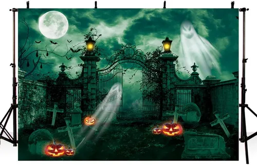 Miniatura 9 de MEHOFOND Fondo de fotografía de cementerio embrujado de Halloween de 7 x 5 pies, linterna gótica de fantasma, terror espeluznante, puerta