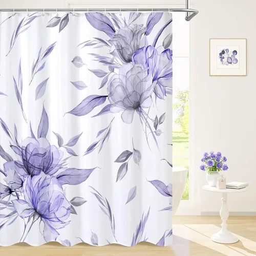 Miniatura 20 de Litabel Cortina de ducha bohemia con estampado floral de acuarela azul y gris, estilo de pintura de tinta, cortinas de ducha de flores y hojas