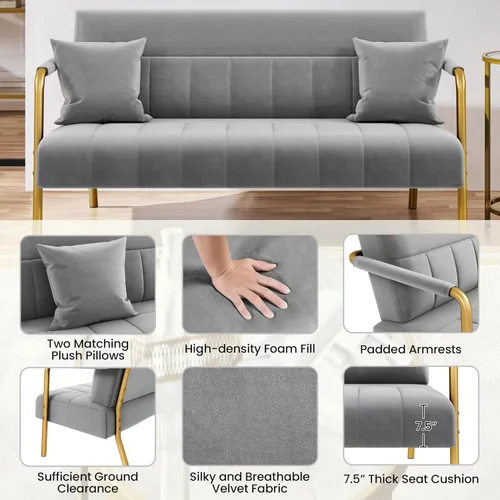 Miniatura 5 de Yaheetech Sofá moderno de 56.5 pulgadas de ancho, sofá pequeño de tela de terciopelo de lujo con brazos y patas de metal dorado para sala de estar