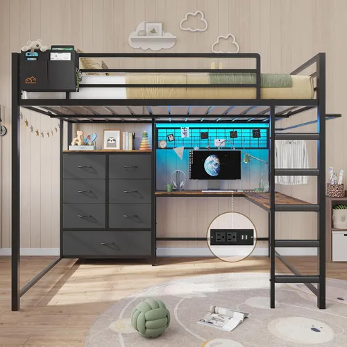 Miniatura 13 de DICTAC Cama alta individual con escritorio en forma de L y 7 cajones de almacenamiento, cama alta de metal tamaño individual para niños con luces