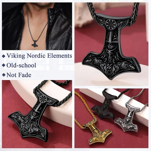 Miniatura 3 de FaithHeart Collar con colgante de runas vikingas nórdicas, martillo de Thor, brújula nórdica, Odín, cuervo, para hombres y mujeres, con embalaje