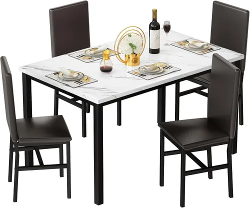 Miniatura 11 de Conjunto de mesa de comedor Lamerge para 4, mesa de mármol sintético y 4 sillas de cuero PU, mesa y sillas de cocina para 4, conjuntos modernos