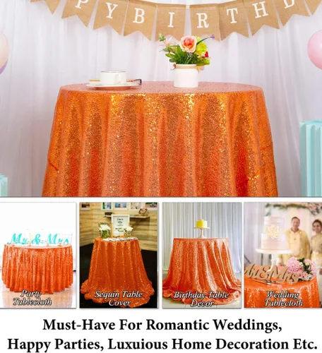 Miniatura 5 de DUOBAO Manteles redondos de lentejuelas naranjas de 72 pulgadas, manteles de lentejuelas para bodas, manteles de lentejuelas redondas, cubierta