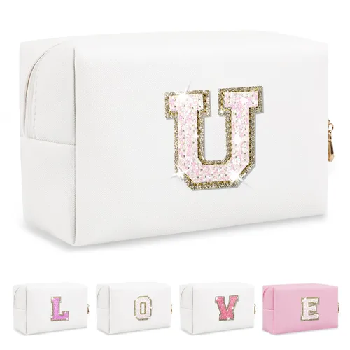 Miniatura 43 de Pequeña bolsa de maquillaje personalizada con inicial A-Z Preppy Patch, bolsa de cosméticos de viaje de felpilla blanca con cremallera, bonita bolsa