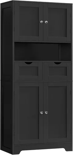 Iwell Armario de almacenamiento de 57.8 pulgadas de alto con 2 cajones y 2 estantes ajustables, armario de cocina con 4 puertas, armario alto para