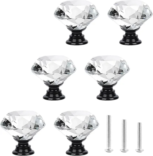 Miniatura 8 de 6 pomos de cristal de cristal de 1.18 pulgadas para cajones, pomos negros en forma de diamante, manijas con tornillos para cocina, baño, tocador