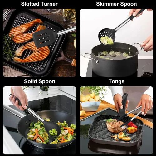 Miniatura 4 de E-far Juego de utensilios de cocina de silicona, 7 piezas de utensilios de cocina resistentes al calor con mango de acero inoxidable, espátula