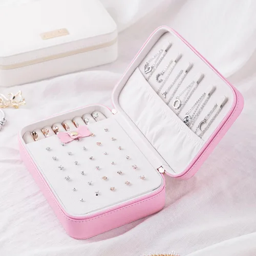 Miniatura 4 de SANQIANWAN Pequeña caja organizadora de viaje de joyería con estuche portátil de piel sintética para collares anillos aretes regalos para novia