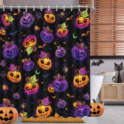 MEHOFOND Cortina de ducha de calabaza colorida de Halloween, diseño de murciélago aterrador, estrella, luna, gótica, fantasía, feliz Halloween,