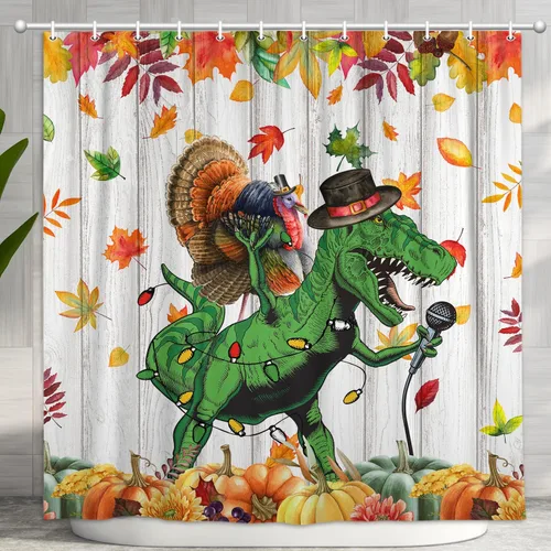 Miniatura 8 de Divertida cortina de ducha de Navidad, bonito dinosaurio en sombrero de Papá Noel cantando Feliz Navidad para niños, niños y niñas, decoración