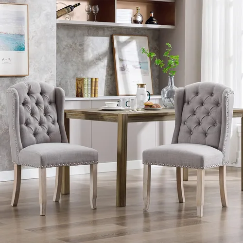 Miniatura 19 de DUOMAY Juego de 2 sillas de comedor modernas copetudas, sillas de comedor tapizadas de lino, sillas auxiliares sin brazos para cocina, comedor, Beige