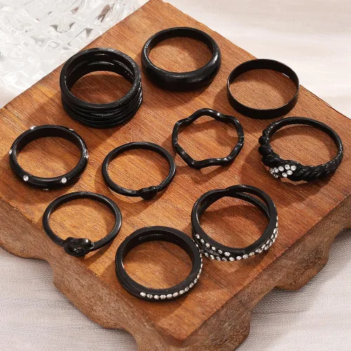 Miniatura 8 de KISS WIFE Juego de anillos dorados, plateados y negros para nudillos, para mujeres, delicados, simples, modernos, apilables, perfectos para apilar