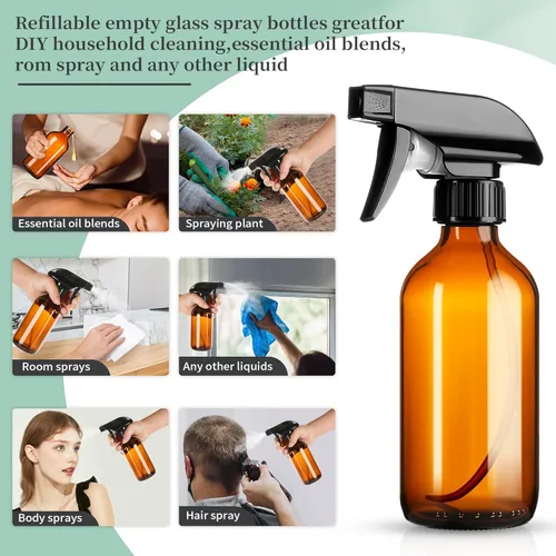 Miniatura 4 de GIVAMEIHF Botellas de spray de vidrio ámbar de 8 onzas, paquete de 3 botellas vacías de vidrio recargables con boquilla ajustable, botella rociadora