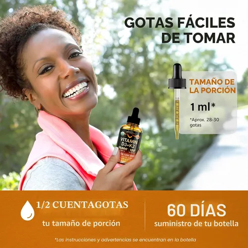 Miniatura 7 de Gotas Orgánicas USDA de Vitamina D3 K2 – Vitamina D3 10000 UI y K2 como MK-7 120mcg – Apoyo inmunológico y del estado de ánimo, salud de huesos