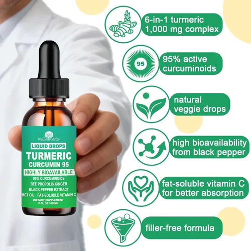 Miniatura 4 de Suplemento de curcumina de cúrcuma gotas con 95% de curcuminoides, complejo líquido de cúrcuma de absorción mejorada, 1000 mg con propóleo de abeja