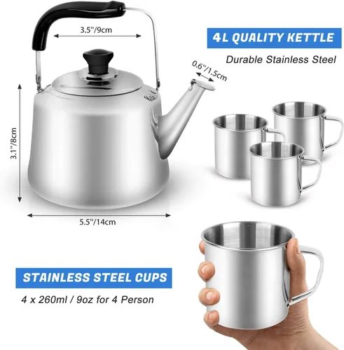 Miniatura 2 de Odoland Juego de tetera de 3.8 cuartos de galón con 4 tazas, hervidor de agua de acero inoxidable duradero para estufa, uso familiar y cocina