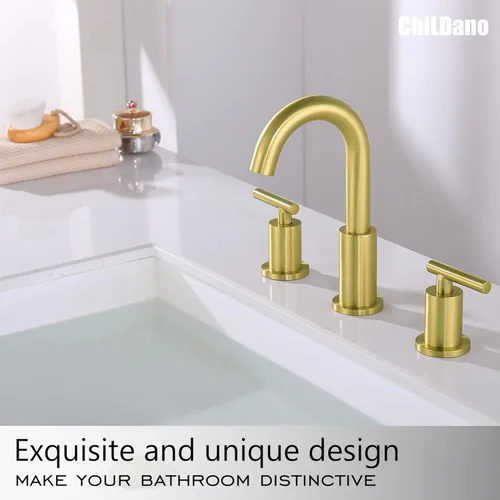 Miniatura 5 de ChiLDano Grifo de baño de oro cepillado, grifo de lavabo de baño extendido de 8 pulgadas de 3 orificios con desagüe y manguera, grifo de baño dorado