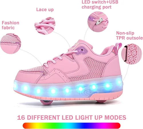 Miniatura 3 de Wooowyet - Tenis con ruedas y luces LED para niños y niñas, con ruedas, USB recargable, cierre de gancho y bucle