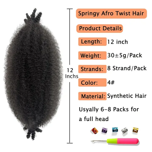 Miniatura 2 de Trenzas de pelo rizado anudadas a crochet estilo afro Marley, 12 pulgadas, pelo pre-separado y trenzado en resorte, trenzas de pelo afro rizado y 4#