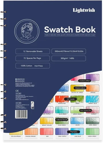 Miniatura 10 de Libro de Muestras de Acuarela LIGHTWISH, 12 Hojas Desmontables, 100% Algodón, 300 g/m²/140 lb, Sin Ácidos, Diario de Colores para Pasteles al Óleo