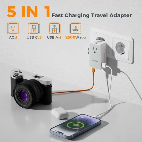 Miniatura 4 de TESSAN Adaptador de viaje universal de 70 W, adaptador de corriente internacional ultrafino con 4 puertos USB (3 USB C), adaptador de enchufe Gris