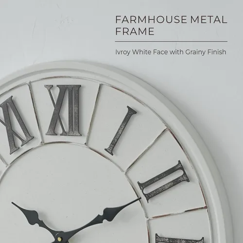 Miniatura 6 de Reloj de pared grande de estilo granja - 24 pulgadas, blanco rústico, número romano envejecido, cara de metal, funciona con pilas, reloj decorativo