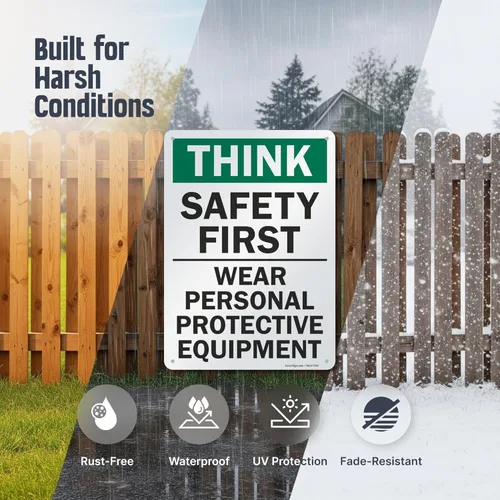 Miniatura 4 de SmartSign - S-2917-AL-14 Letrero "Think Safety First - Use equipo de protección personal" Aluminio de 10" x 14" Aluminio 10" x 14" Aluminio