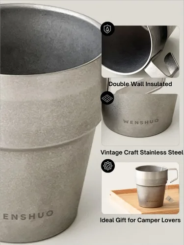 Miniatura 3 de WENSHUO Taza al aire libre,Taza de camping pequeña con aislamiento de doble pared,Acero inoxidable Vintage,11 fl oz (11.0 fl oz)