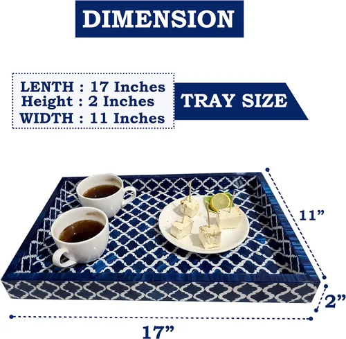 Miniatura 2 de Bandeja de servir hecha a mano con incrustaciones de hueso, bandeja de desayuno de damasco marroquí azul y blanco, bandeja rectangular de madera