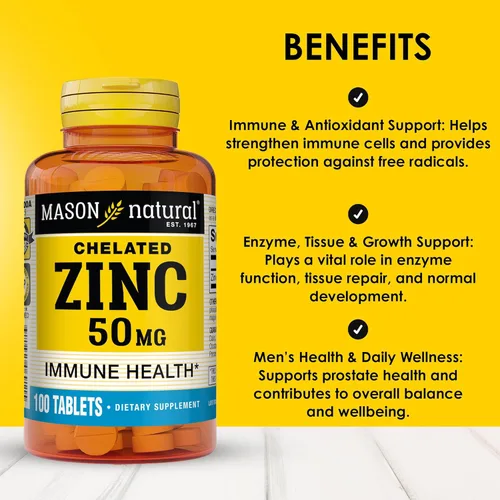 Miniatura 2 de Mason Natural Zinc 50 mg, apoya la función inmune y la salud antioxidante, 100 tabletas, paquete de 3