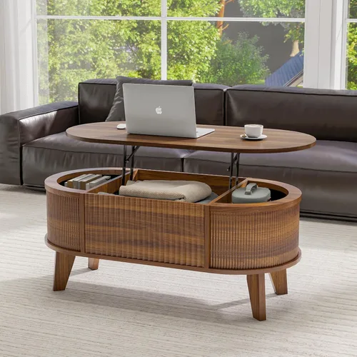 Miniatura 7 de LYNCOHOME Mesa de Centro con Tapa Elevable Acanalada con Almacenamiento, Mesa de Centro Ovalada Moderna para Sala de Estar u Oficina en Casa (Nogal)