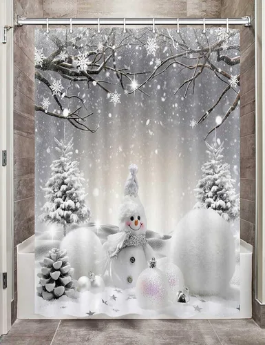Cortina de ducha de Navidad con muñeco de nieve para caravana y RV, cortina de baño para remolque de viaje, gris, copos de nieve de invierno, juego